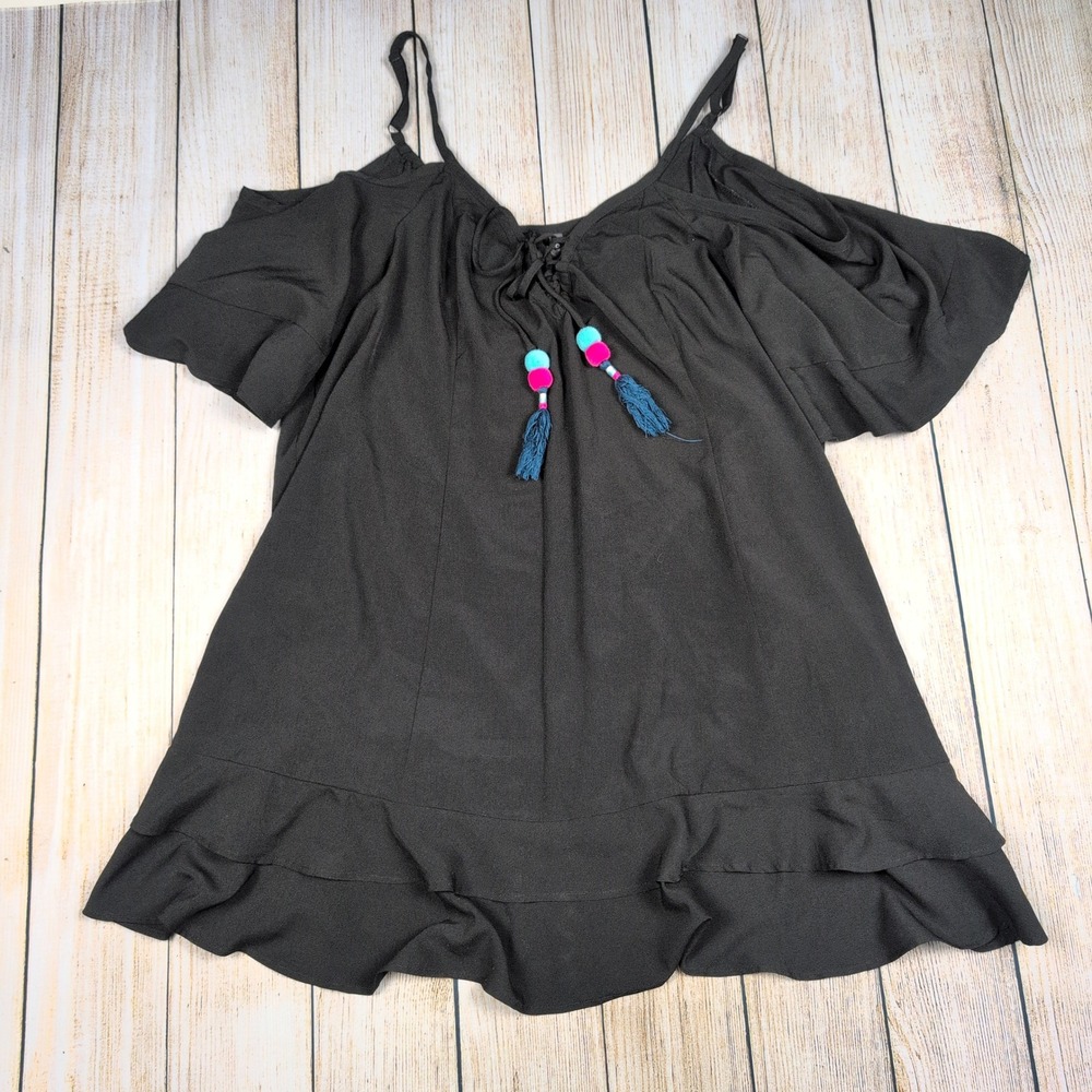 Torrid Black‎ Cold Shoulder Tassel Dress Plus Size 3 Ruffle Hem boho whimsigoth